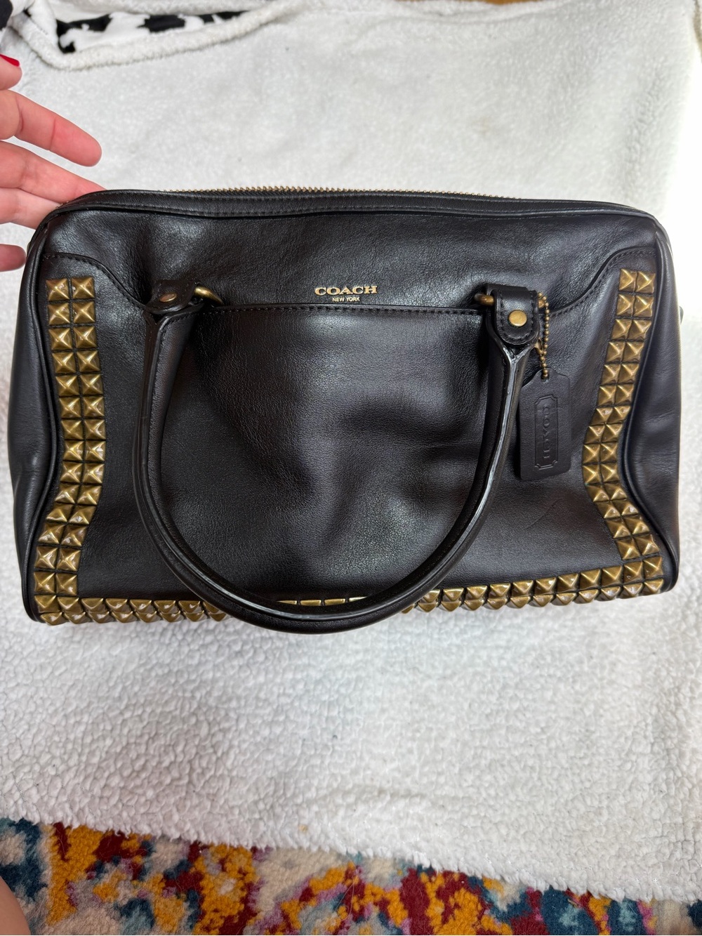 Coach Black Leather Satchel with Gold Stud Accents